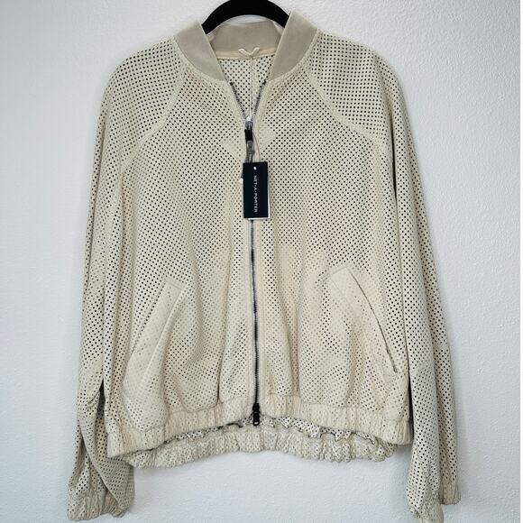 NWT Brunello Cucinelli Tan Cream Laser Cut 100% Leather Bomber Jacket 48 / XL - Picture 3 of 16